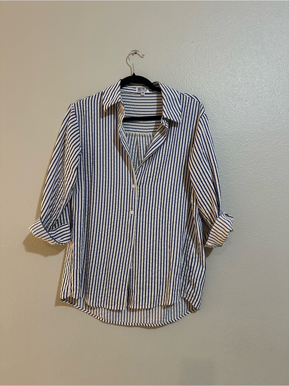 Linen-Blend Navy Stripe Button-Up Shirt